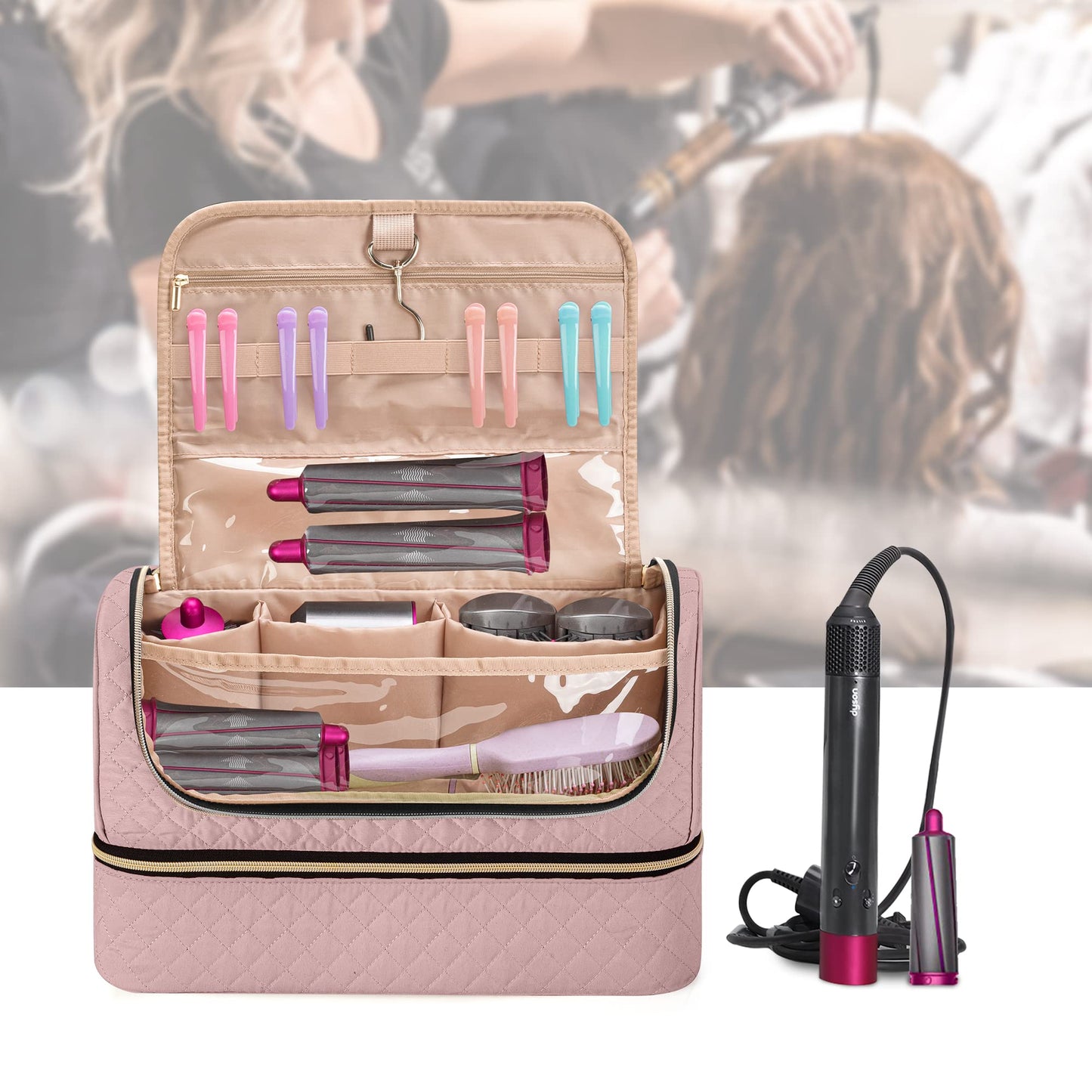 Yarwo Double-layer Storage Bag Compatible with Dyson Airwrap Multi-styler Complete Long and Attachments, Portable Travel Case with Hanging Hook for Hair Curler Accessories, Dusty Rose (Bag Only)