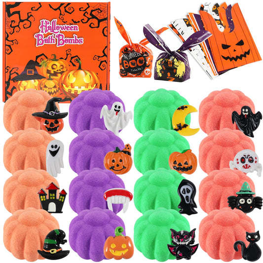 Halloween Gifts for Kids - 16pcs Halloween Bath Bombs for Kids with Halloween Toys Inside Halloween Party Favors for Kids Goodie Bag Fillers Natural Organic Bubble Bath with Spooky Pumpkin Bath Bombs