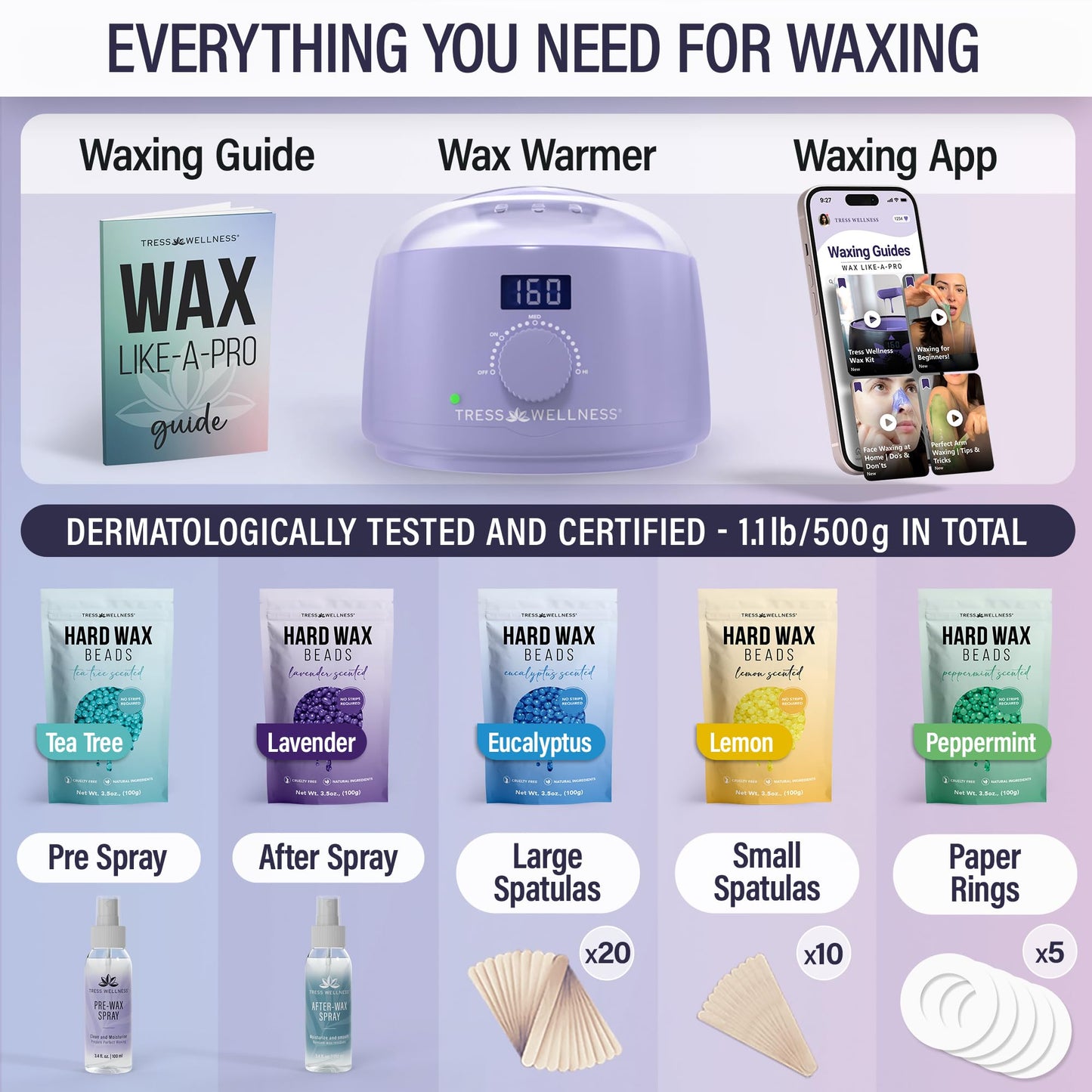 Tress Wellness Waxing Kit for Brazilian Wax - Easy to Use - For Sensitive Skin - Digital Display, Purple