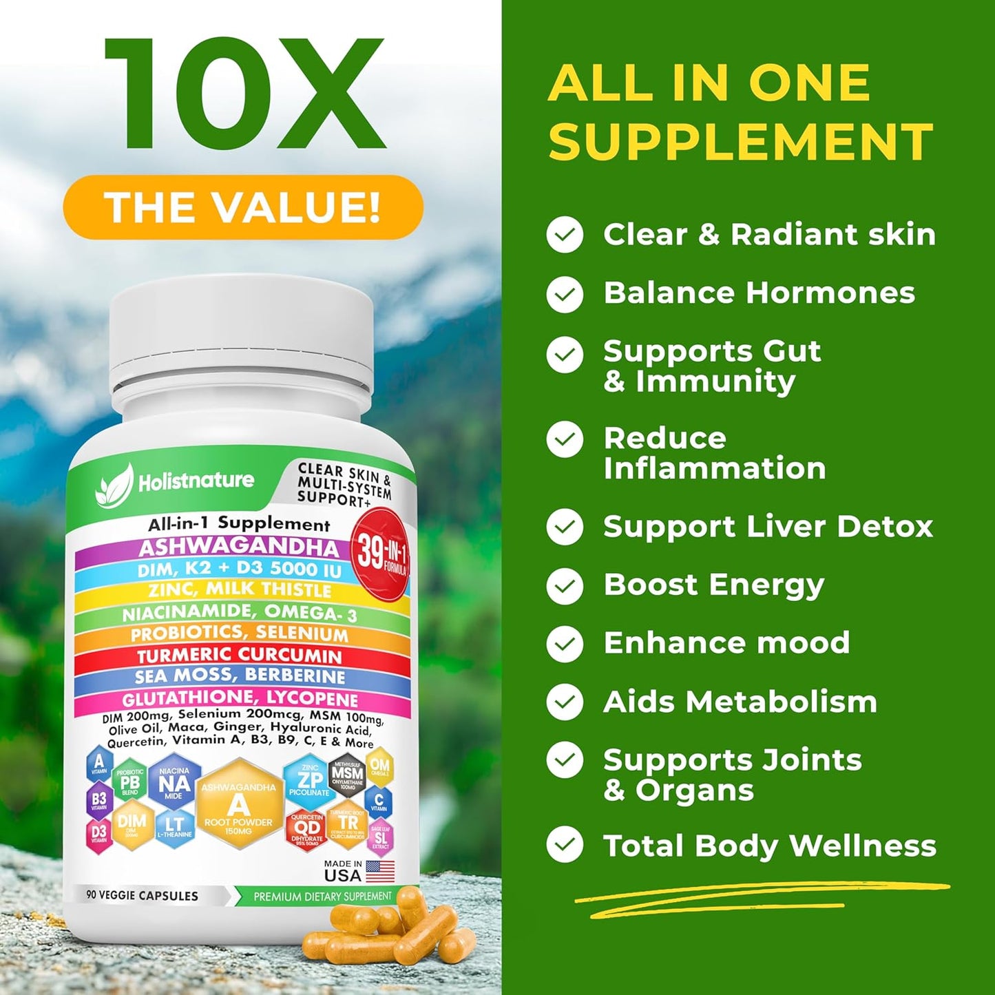 39-in-1 Cortisol Support Supplement | DIM, Zinc, Probiotics & Ashwagandha – Immune & Detox – 90 Capsules