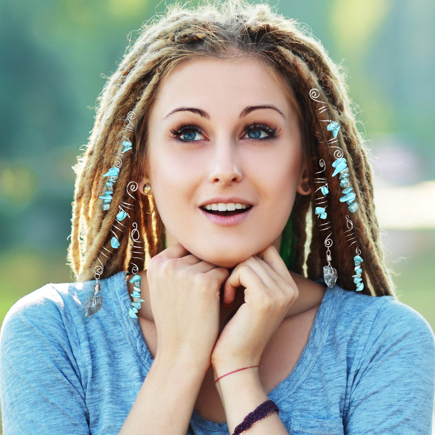 FRESHME Green Crystal Hair Jewelry for Braids Kit - 8 Pcs Green Natural Stone Hair Braid Accessories with Dark Green Bead Earrings Sets Silver Spirals Rings Dreadlock Decoration