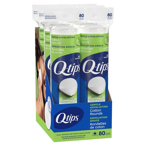 Q-Tips Gentle Exfoliating Cotton Rounds - 100% Cotton, Dual Textured Makeup Remover Pads | 80 Count Pack