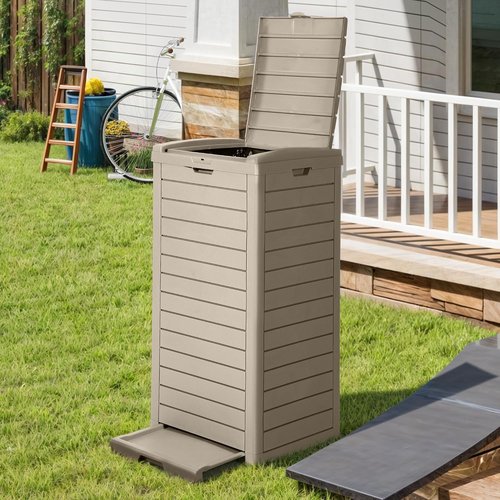 DWVO 38 Gallon Outdoor Trash Can - Waterproof Resin Garbage Bin with Lid & Drip Tray | Easy to Clean, Taupe