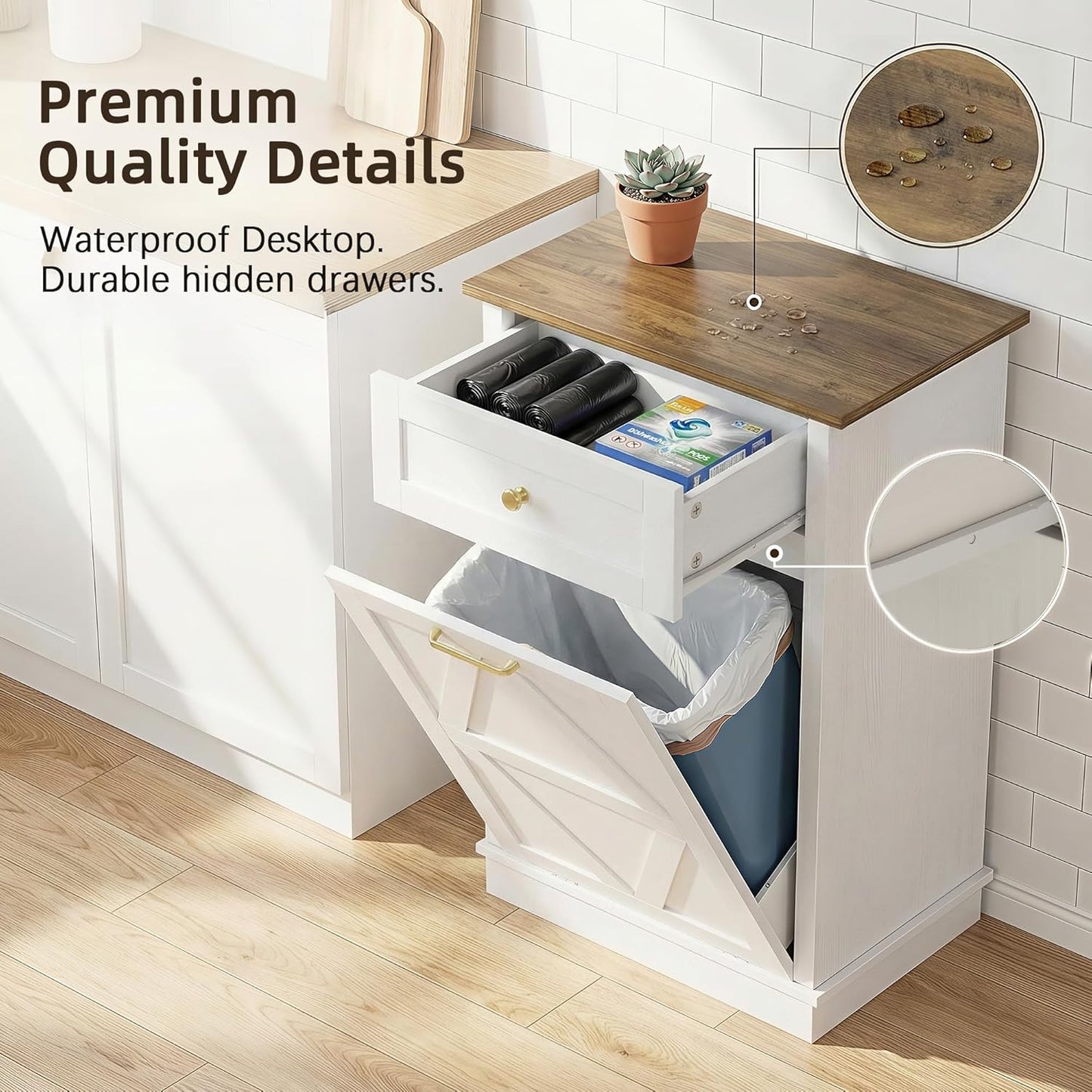YESHOMY Tilt-Out Trash Cabinet - 10 Gallon Hidden Wooden Bin for Kitchen & Dining Room - White Finish