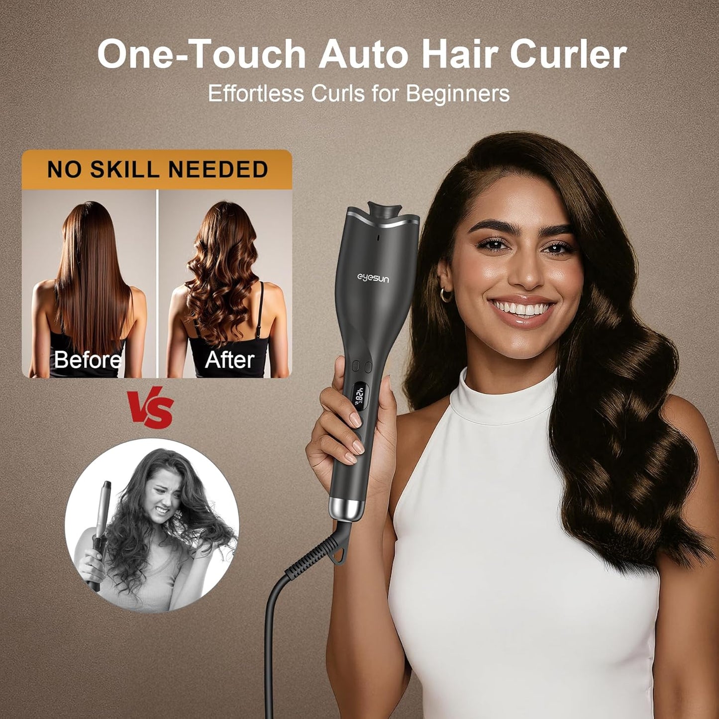 Skiennix Automatic Hair Curling Iron - Portable Rotating Design with LCD Display & 4 Heat Settings | Lightweight & Fast Heating for Travel