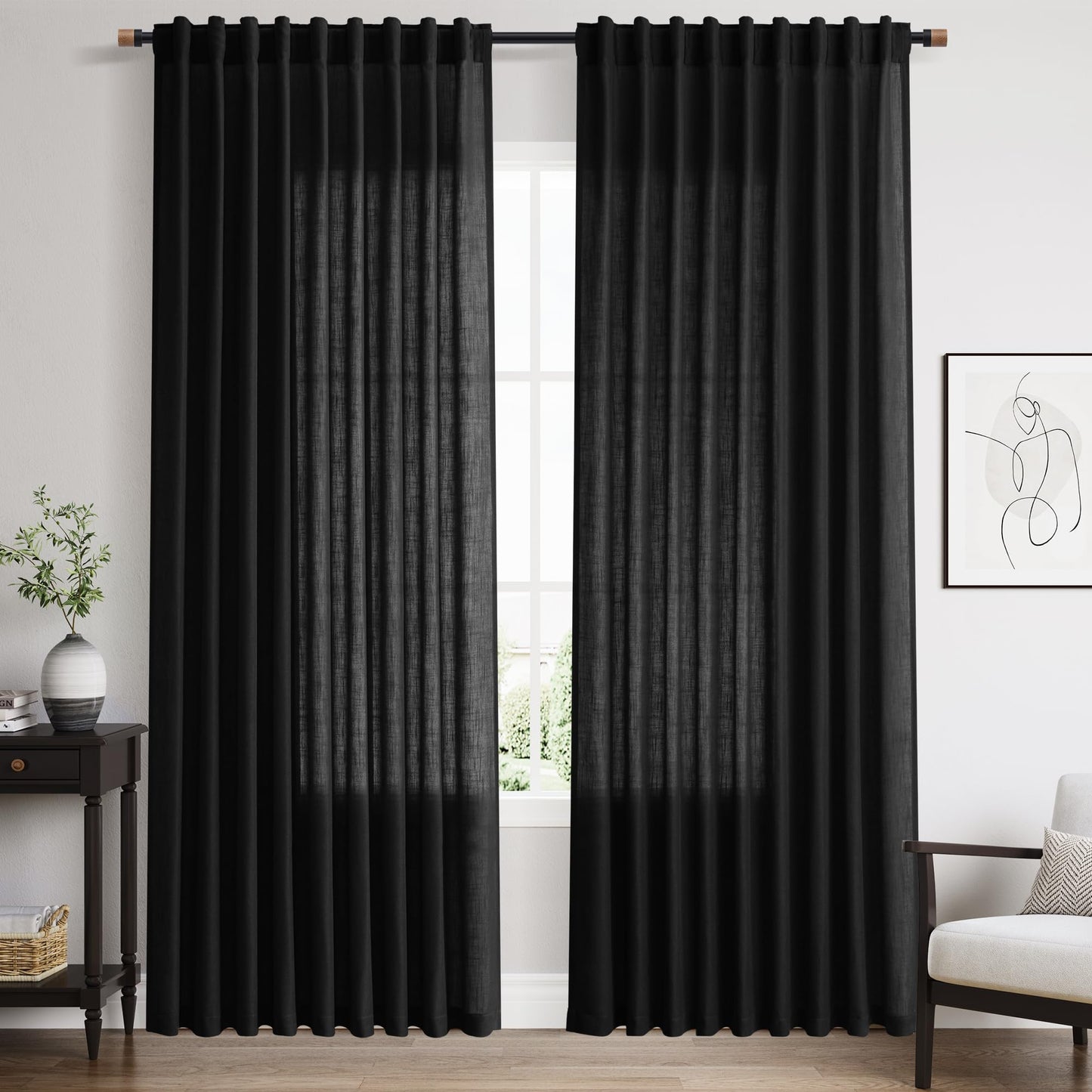 Nanspring Natural Linen Curtains for Kitchen Windows Over Sink - Cafe Curtain Semi Sheer with Rod Pocket and Back Tab Lightweight Rustic Textured Bistro Curtains for Bathroom, 2 Panels 25 x 24 Inch