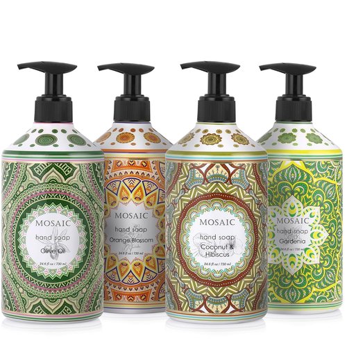Mosaic Liquid Hand Soap Gift Set - Olive Oil, Coconut & Hibiscus, Gardenia, Orange Blossom | 4 x 24.6 Fl Oz Bottles