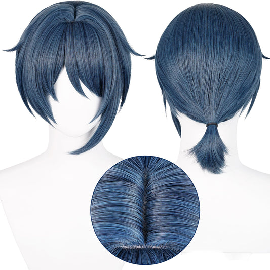 Genshin Impact Cosplay Wig for Xingqiu Bamboo Rain Anime Wigs Short Straight Blue Hair Synthetic Fabric with Bangs and Ponytail for Adult Comic Con, Cosplay Show, Halloween