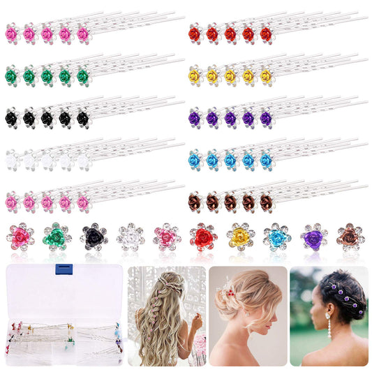 Rustark 50 Pcs Crystal Hair Pins Rose Flower Rhinestone Hair Clips U Shaped Hair Pins Bobby Pins Bun Hairpins for Wedding Bridal Women Hair Jewelry Accessories with Storage Case(10 Colors)