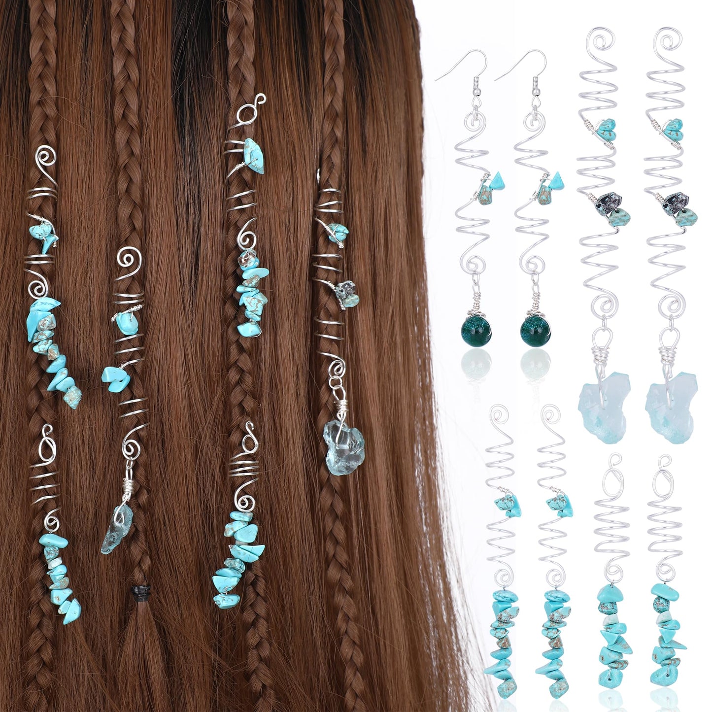 FRESHME Green Crystal Hair Jewelry for Braids Kit - 8 Pcs Green Natural Stone Hair Braid Accessories with Dark Green Bead Earrings Sets Silver Spirals Rings Dreadlock Decoration