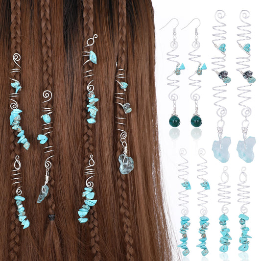 FRESHME Green Crystal Hair Jewelry for Braids Kit - 8 Pcs Green Natural Stone Hair Braid Accessories with Dark Green Bead Earrings Sets Silver Spirals Rings Dreadlock Decoration