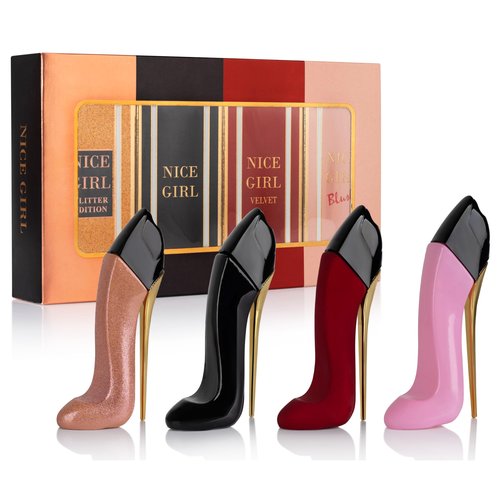 Nice Girl 4 PC Mini Perfume Gift Set for Women, Sweet Vanilla Floral Fragrance, Tuberose, Rose, Amber, Cacao, Powdery Almond, Travel Size 30ml Eau De Parfum, Classic, Velvet, Glitter, & Blush
