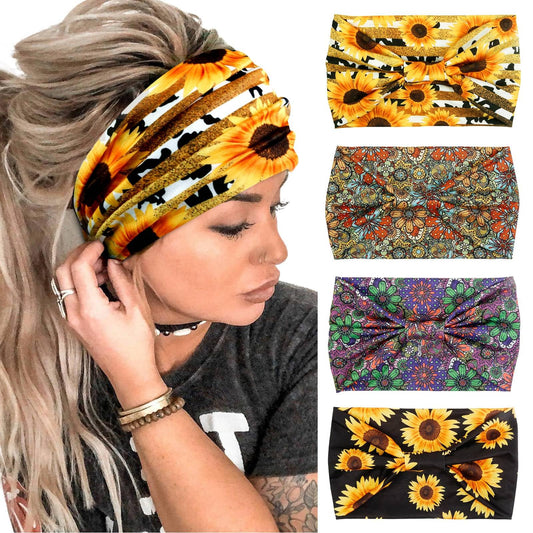 Huachi 4 Packs Boho Headbands for Women Wide Sunflower Thick Head Bands for Women's Hair Flower Printed Elastic Hairbands Large African Sport Yoga Turban Headband Hair Accessories (Pack of 4)