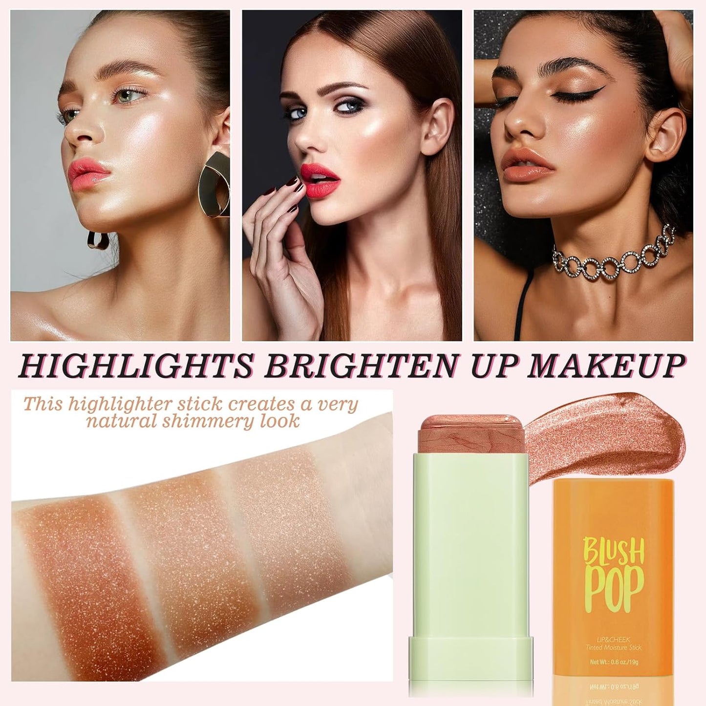 Skiennix Highlighter Makeup Stick - Natural Silky Shimmer for Face & Body, Long-Lasting Cherry Red