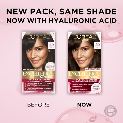 L'Oreal Paris Excellence Crème Permanent Hair Dye, Triple Care Hair Color with Hyaluronic Acid for 100% Gray Coverage, 4A Dark Ash Brown, 1 Kit (Packaging May Vary)
