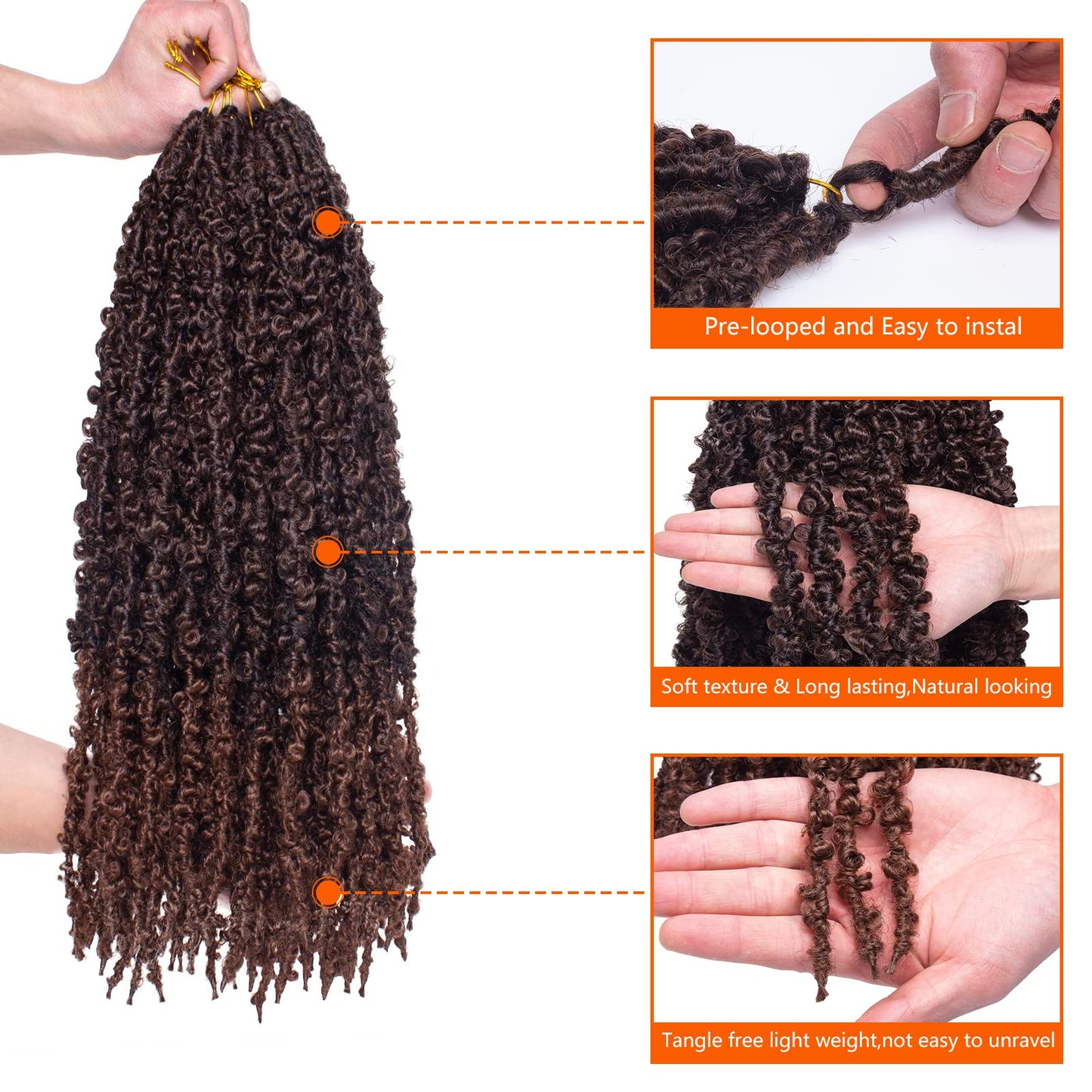 ZRQ 18 Inch Ombre Butterfly Locs 6 Packs Distressed Faux Locs Croceht Hair,20 Inch Pre-looped Brown Soft Locs Crochet Braids For Black Women Hair Extensions T30#