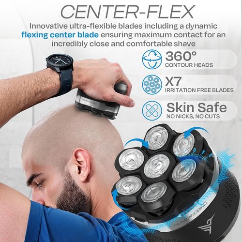 HUMMINGBIRD MK13 Premium Head Shaver - 7 Blade Cordless Electric Razor for Men | Waterproof & Rechargeable with Travel Case