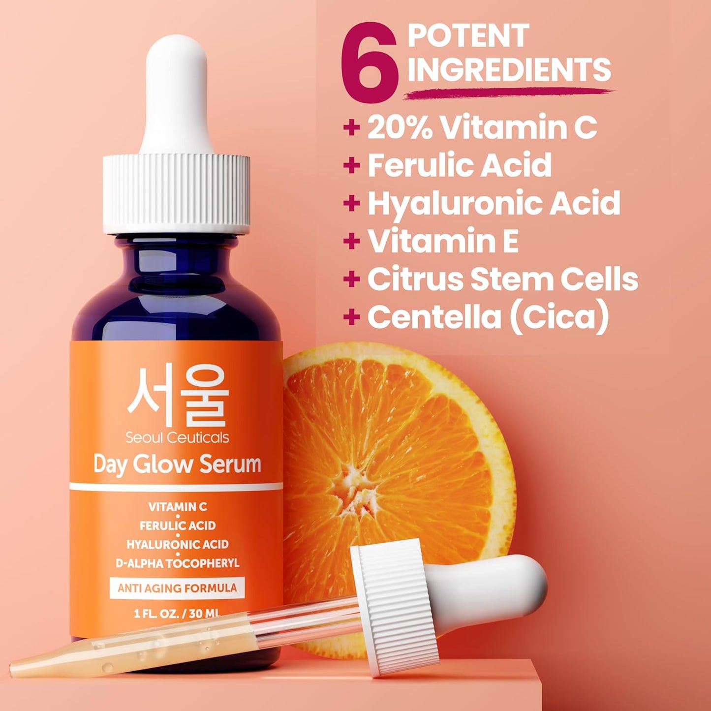 SeoulCeuticals 20% Vitamin C Serum | Hyaluronic Acid & CE Ferulic Acid for Anti-Aging - 1oz