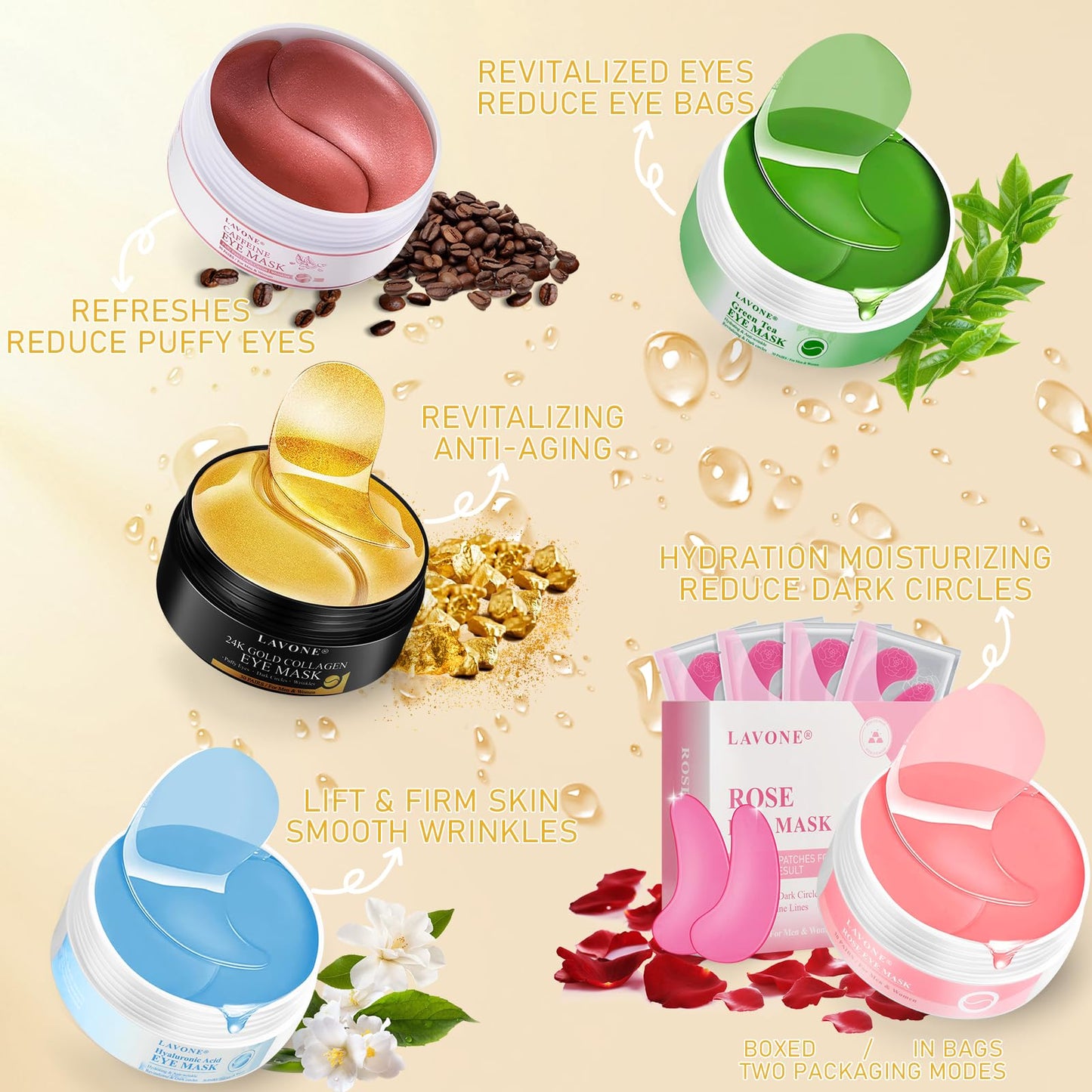 LAVONE Eye Mask-30 Pairs 24K Gold Under Eye Patches Skin Care Products-Eye Masks Skincare for Dark Circles and Puffiness,Reduce Wrinkles,Eye Bags and Fine Lines,for Women and Man,with Hair Clips