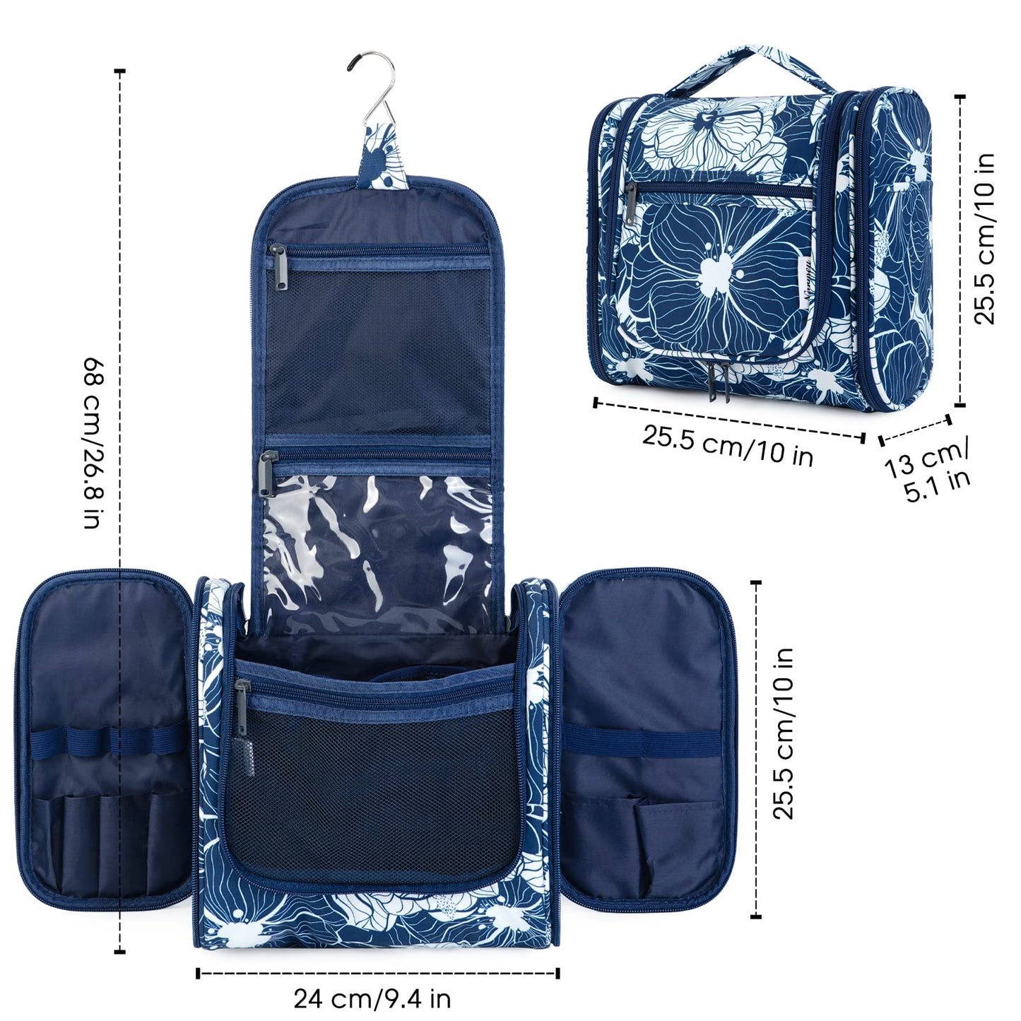 Hanging Toiletry Bag for Women Travel Makeup Bag Organizer Toiletries Bag for Cosmetics Essentials Accessories (Large, Blue Lotus)