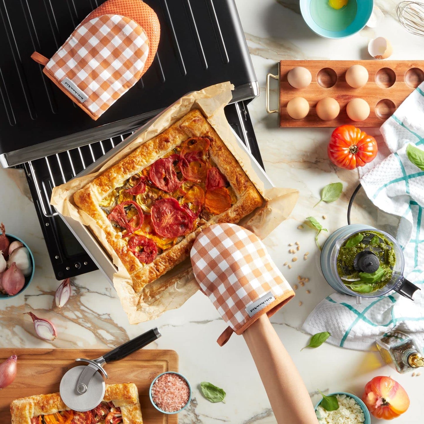 KitchenAid Gingham Mini Oven Mitt 2-Pack Set, Blue Velvet, 5.5"x8"