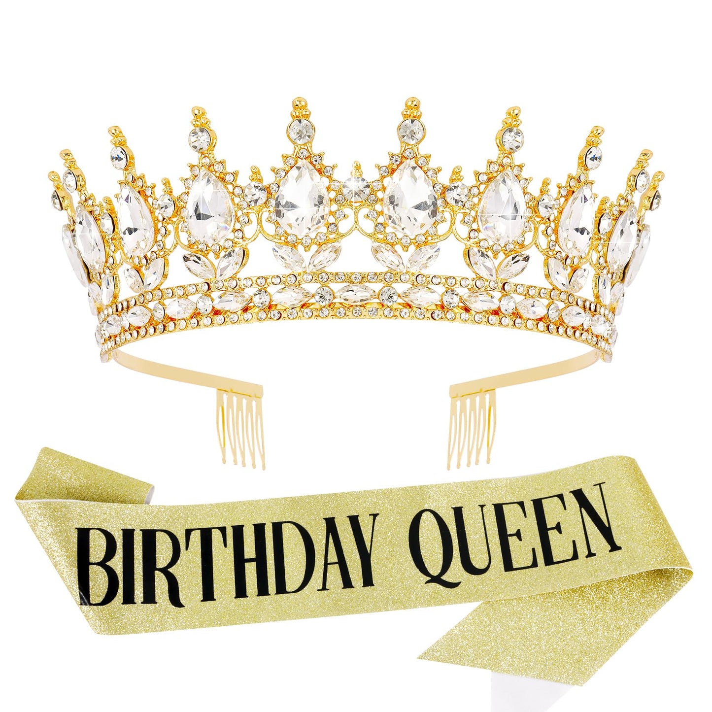 Vovii Birthday Crown & Sash Set for Women, Gold Rhinestone Tiara & Birthday Queen Sash for Women Birthday Decorations, Happy Birthday Party Decorations for Birthday Crown Adult Woman