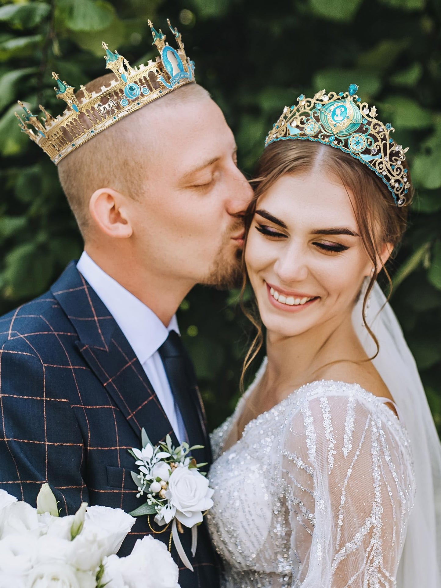 SWEETV Couple Crowns for Women & Men,Crystal Queen Tiara King Crown Set,2-Pack Midnight Magic Medieval Hair Accessories for Prom Wedding Photo Shoot Birthday, Gold+Blue