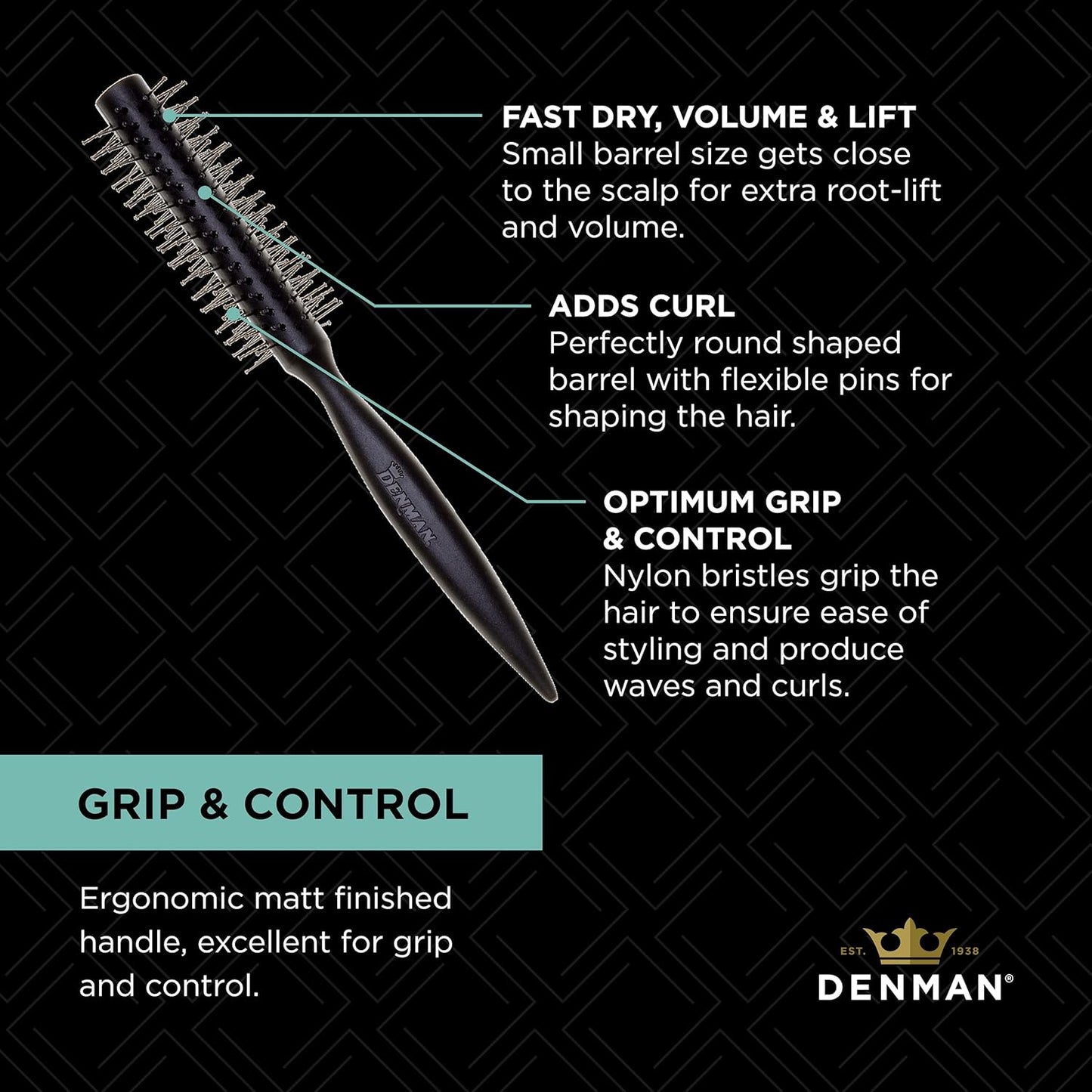 Denman Curling Round Hair Brush - Vented Barrel with Nylon Bristles for Volume & Movement | Black D73