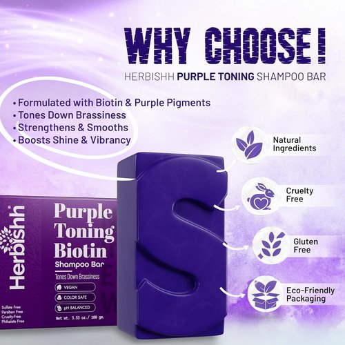 Herbishh Purple Shampoo Bar - Neutralizes Brassy Tones & Adds Shine for Blonde Hair | Vegan & Sulfate-Free, 3.53 oz