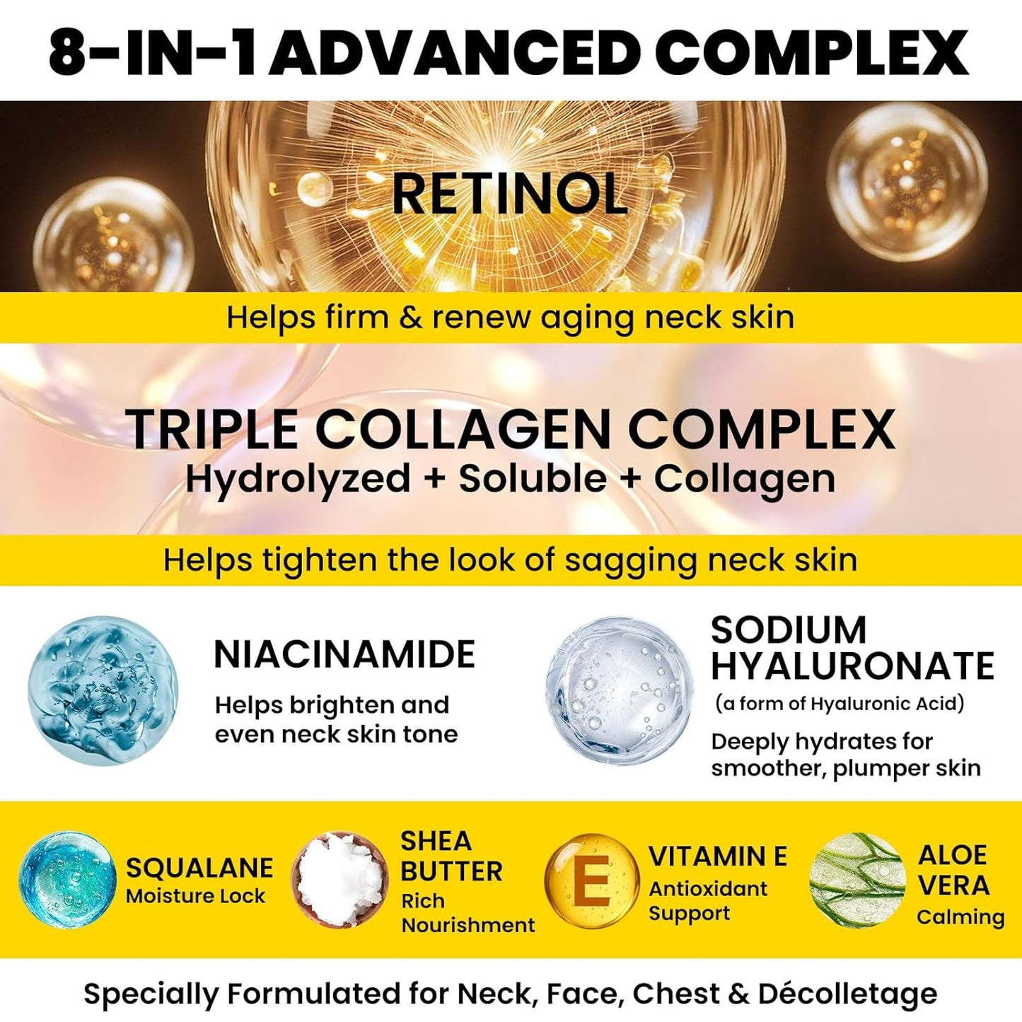 Skiennix 8-in-1 Neck Firming Cream - Retinol & Triple Collagen Moisturizer for Tightening & Lifting - 1.7 Fl Oz