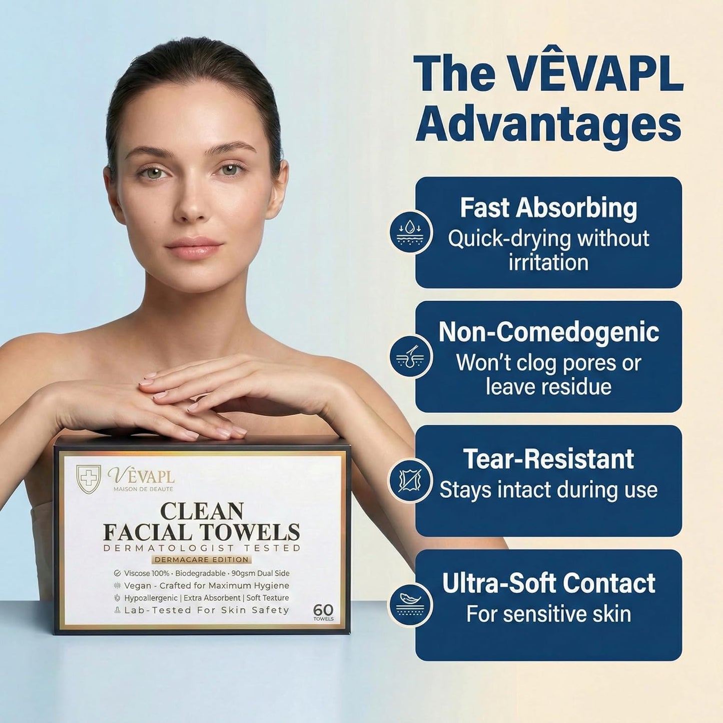 VÊVAPL® Clean Facial Towels - XL 60 Count | 100% Viscose, Ultra Soft & Thick for Skincare & Makeup Removal