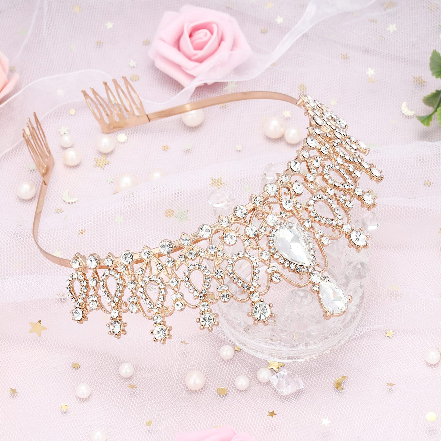 Makone Crowns for Women,Rose Gold Princess Crown, Crystal Crown for Bridal, Wedding, Pageant, Birthday, Party