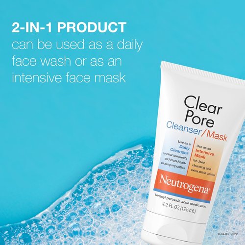 Neutrogena Clear Pore 2-in-1 Facial Cleanser & Face Mask - Acne Treatment with Kaolin & Benzoyl Peroxide, 4.2 fl. oz, 3 Pack