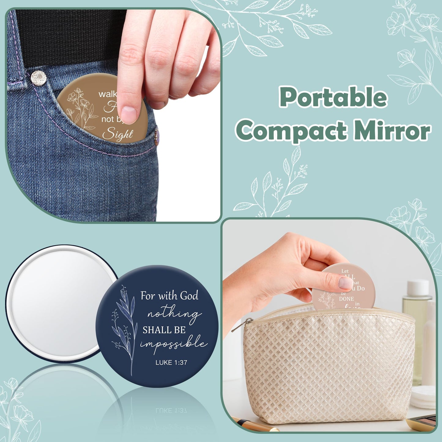 Y1tvei Mini Christian Compact Mirrors - 36Pcs Flower Sketch Art Bible Verse Compact Mirrors Bulk Small Portable Round Pocket Makeup Mirror Christian Inspirational Church Party Favors Gifts for Women