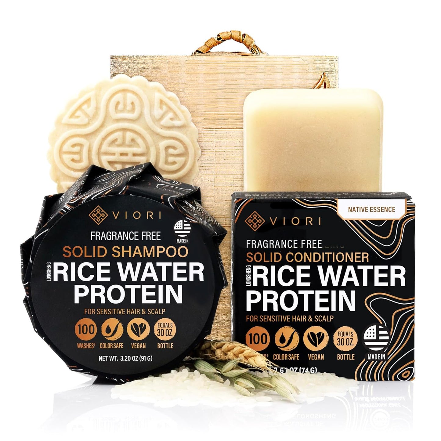 Viori Native Essence Shampoo & Conditioner Bar Set - Handcrafted Rice Water Formula for Hair Growth | Includes Bamboo Holder