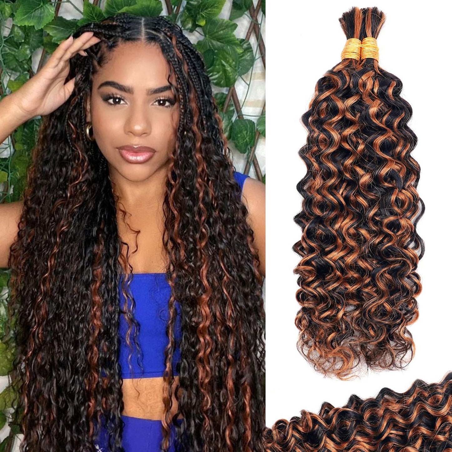 Ombre Brown Human Braiding Hair 20 Inch 100g Highlight 1b/30 Deep Water Wave 2 Bundles Bulk Human Hair for Braiding Curly Hair Extensions for Boho Braids Knotless Wet and Wavy Human Braiding Hair