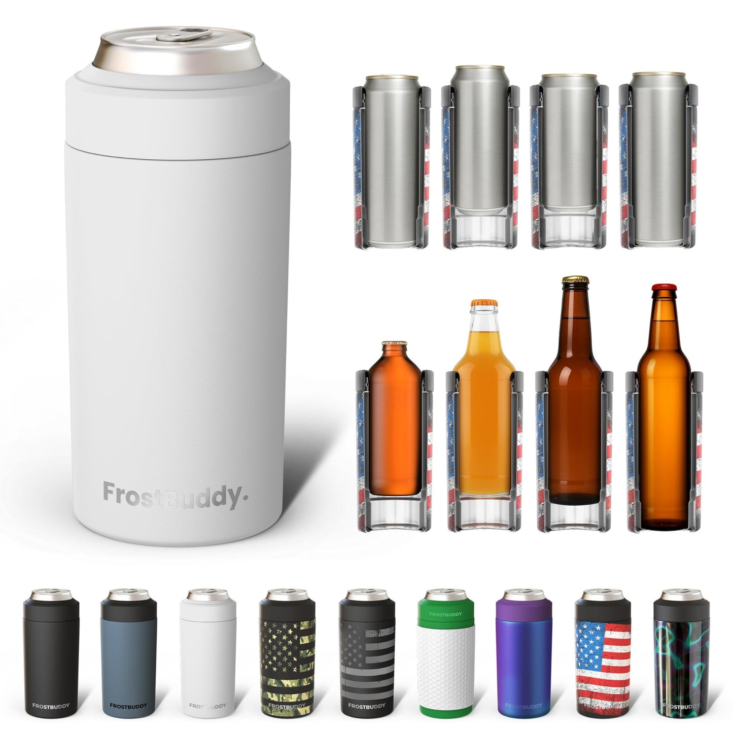 Frost Buddy Universal Buddy Can Cooler - Fits All - For Regular 12 & 16 oz or Slim-Size Bottles - Insulated Double -Walled Stainless Steel (All white)