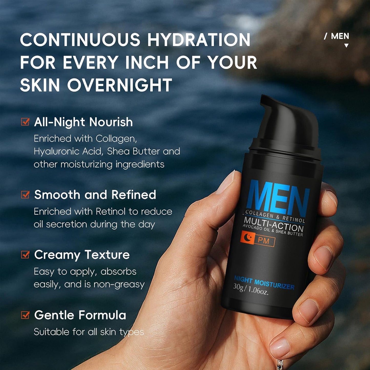 Skiennix Men’s Hydrating Night Cream - Collagen & Retinol Moisturizer for Firm, Youthful Skin | 1.06 oz