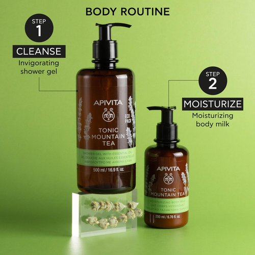 Apivita Tonic Mountain Tea Shower Gel | Gently Cleanses, Revitalizes & Preserves Moisture with Mountain Tea, Propolis & Essential Oils, 500 mL / 16.9 oz