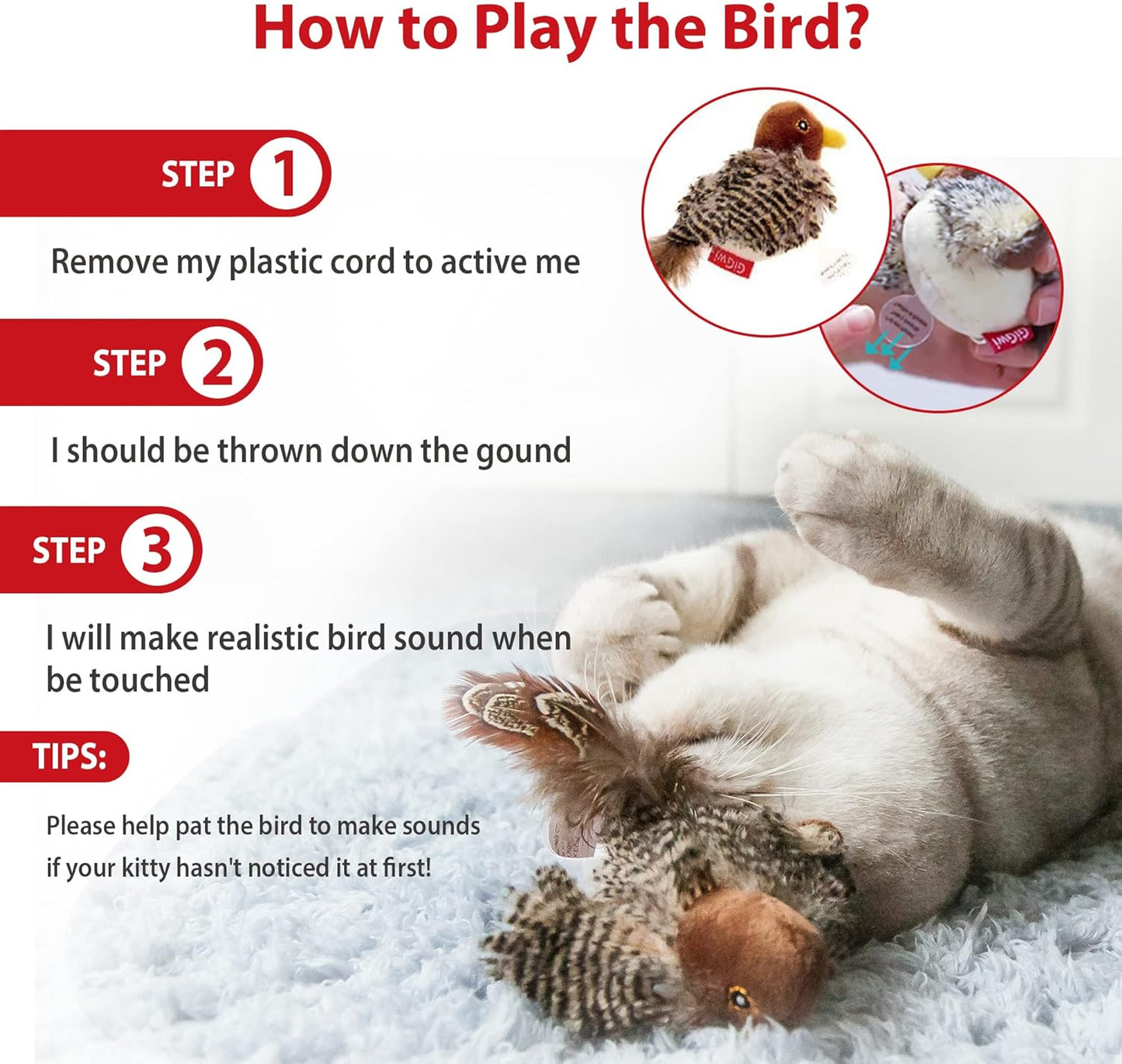 Gigwi Interactive Electronic Cat Toy, Automatic Chirping Bird Toy Squeaky with Feather Tail, Melody Chaser Toy for Cats to Play Alone, Play and Squeak Kitten Toy for Boredom