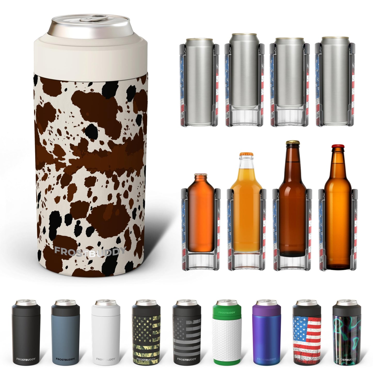 Frost Buddy Universal Buddy Can Cooler - Fits All - For Regular 12 & 16 oz or Slim-Size Bottles - Insulated Double -Walled Stainless Steel (All white)