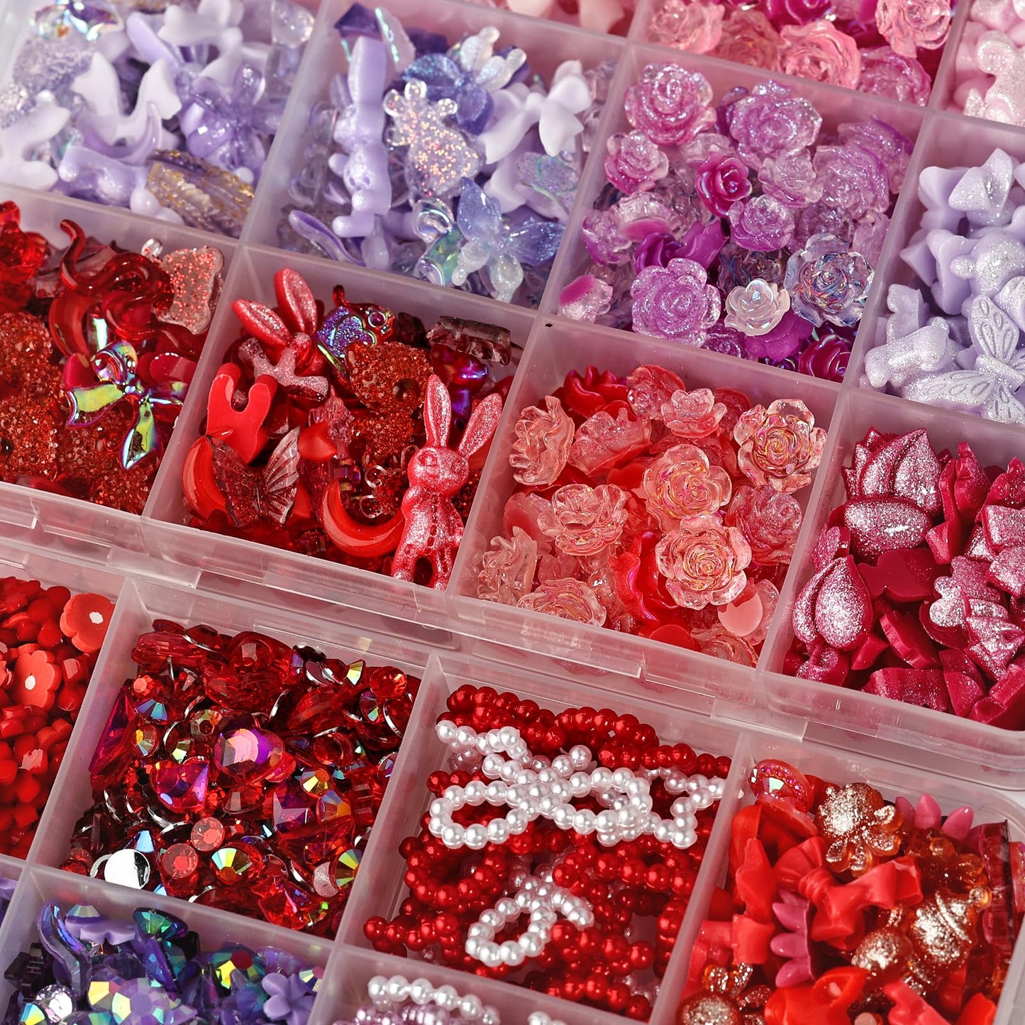 Kikonoke 2050 Pieces 3D Butterfly Rose Flower Bow Rabbit Bear Nail Charms Kit with Nail Art Rhinestones Pearls Crystal Gems Nail Slices for Manicure DIY Crafts Jewelry Accessories (Pink Purple Red)