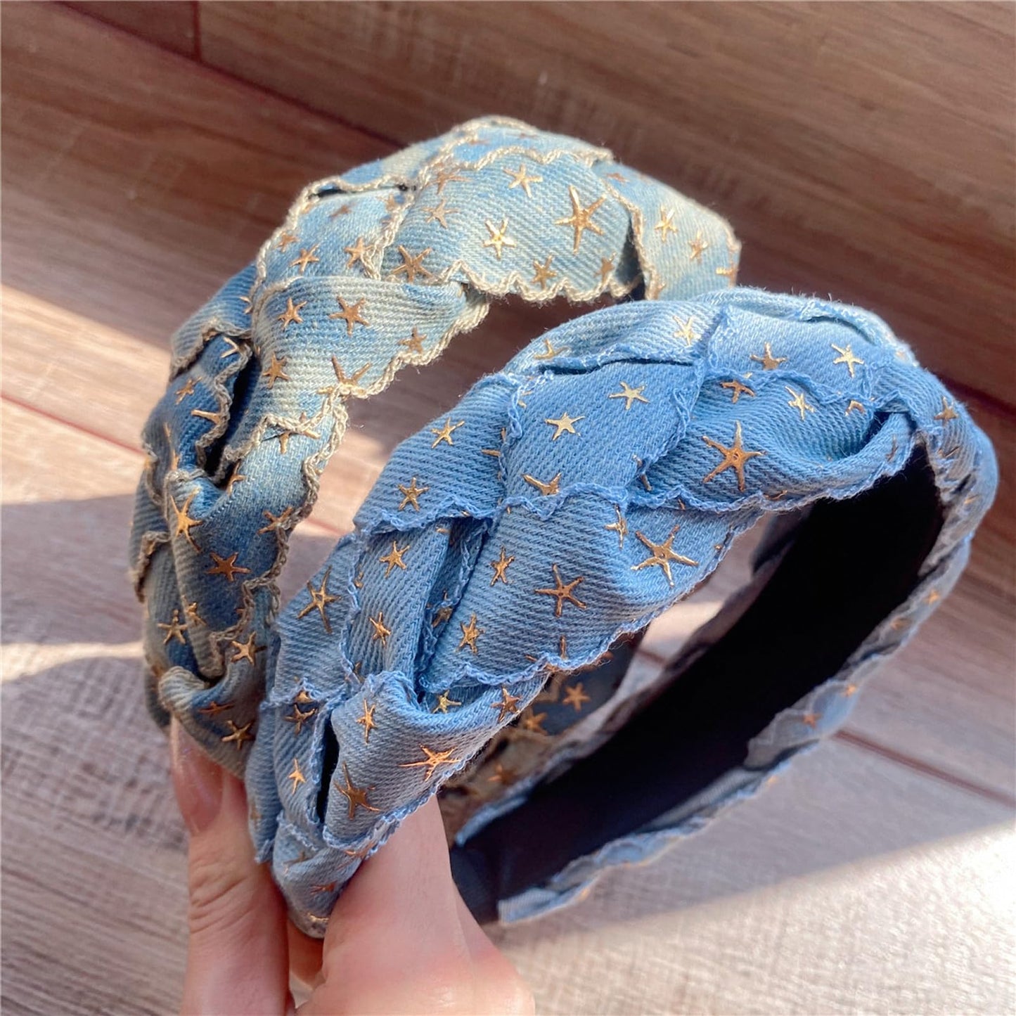 Women Bohemian Ethnic Denim Braided Headband with Hot Stamping Metal Cute Star-Studded Center Twisted Knot Design Hair Band Wide Edge Three-Dimensional Non-Slip Vintage Embellishments Hair Hoop