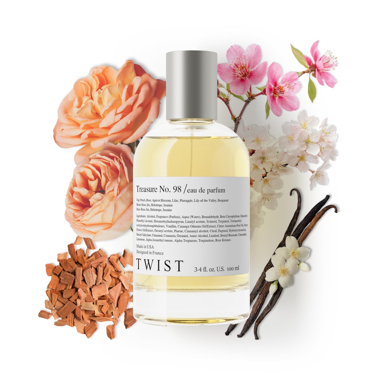 Twist Treasure No. 98 - Inspired by L. Tresor, Long-Lasting Perfume for Women, Vegan, Clean Ingredients, Apricot Blossom & Rose – Spray 100 ml | 3.4 fl. oz.