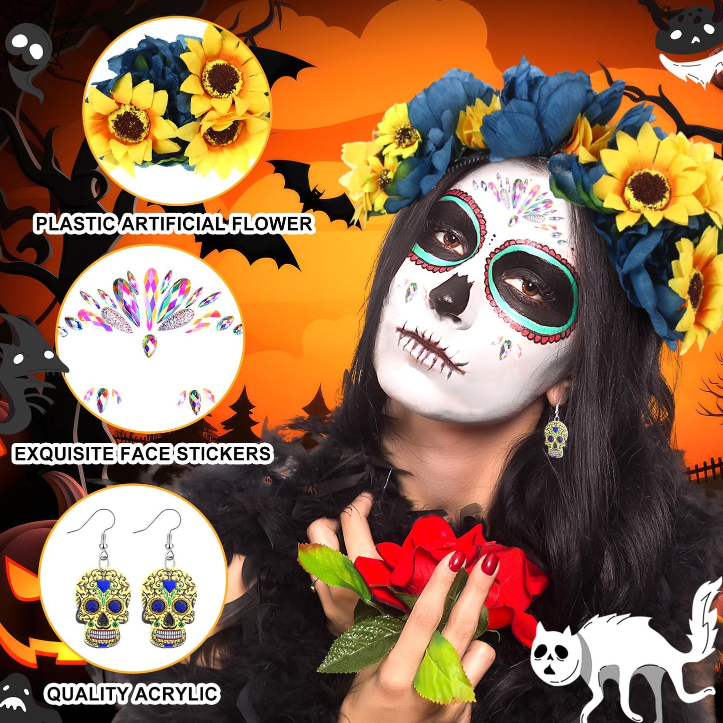 Riceshoot 3 Pcs Day of the Dead Costumes Accessories for Women Halloween Headbands Skull Earrings Gems(Yellow and Blue Hue)