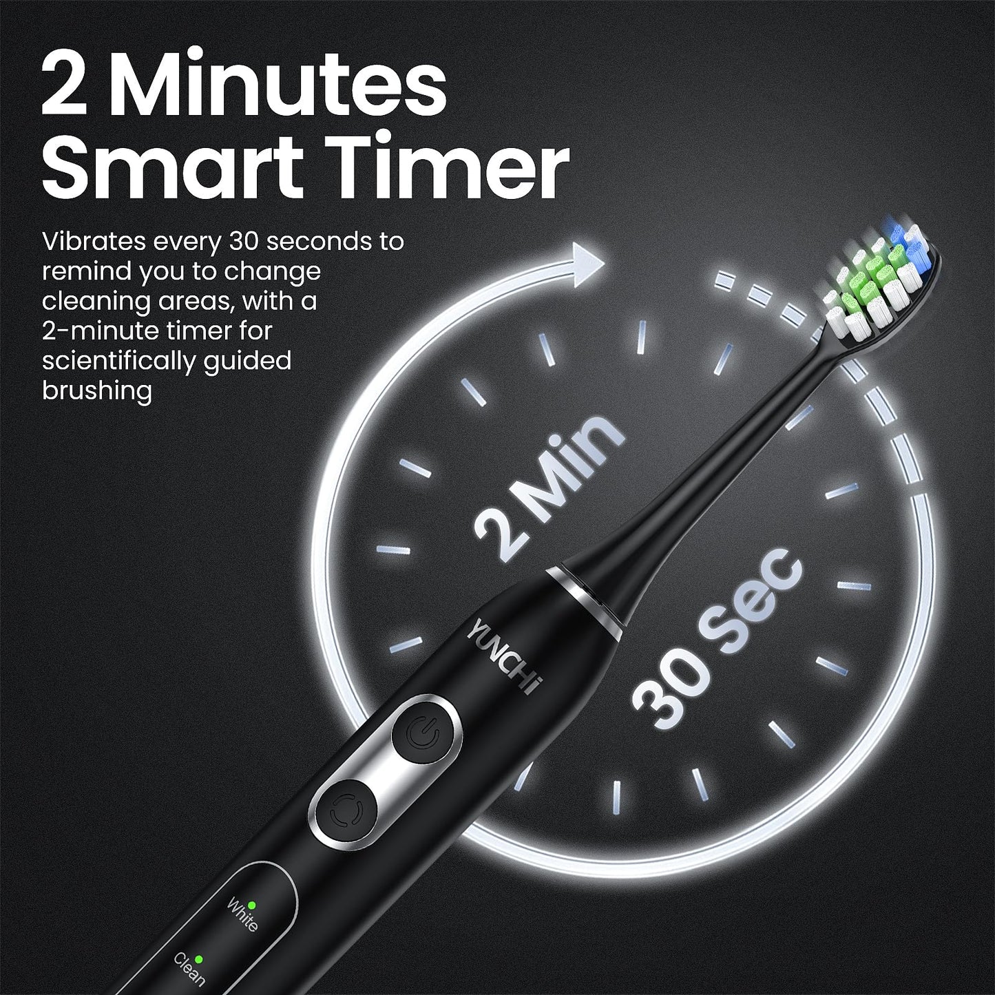YUNCHI Sonic Electric Toothbrush for Adults, Toothbrush Electric with 8 Brush Heads, Battery Toothbrush for 55 Days, 5 Models & 2 Minutes Smart Timer, Travel Case, 44000 VPM Motor, Black