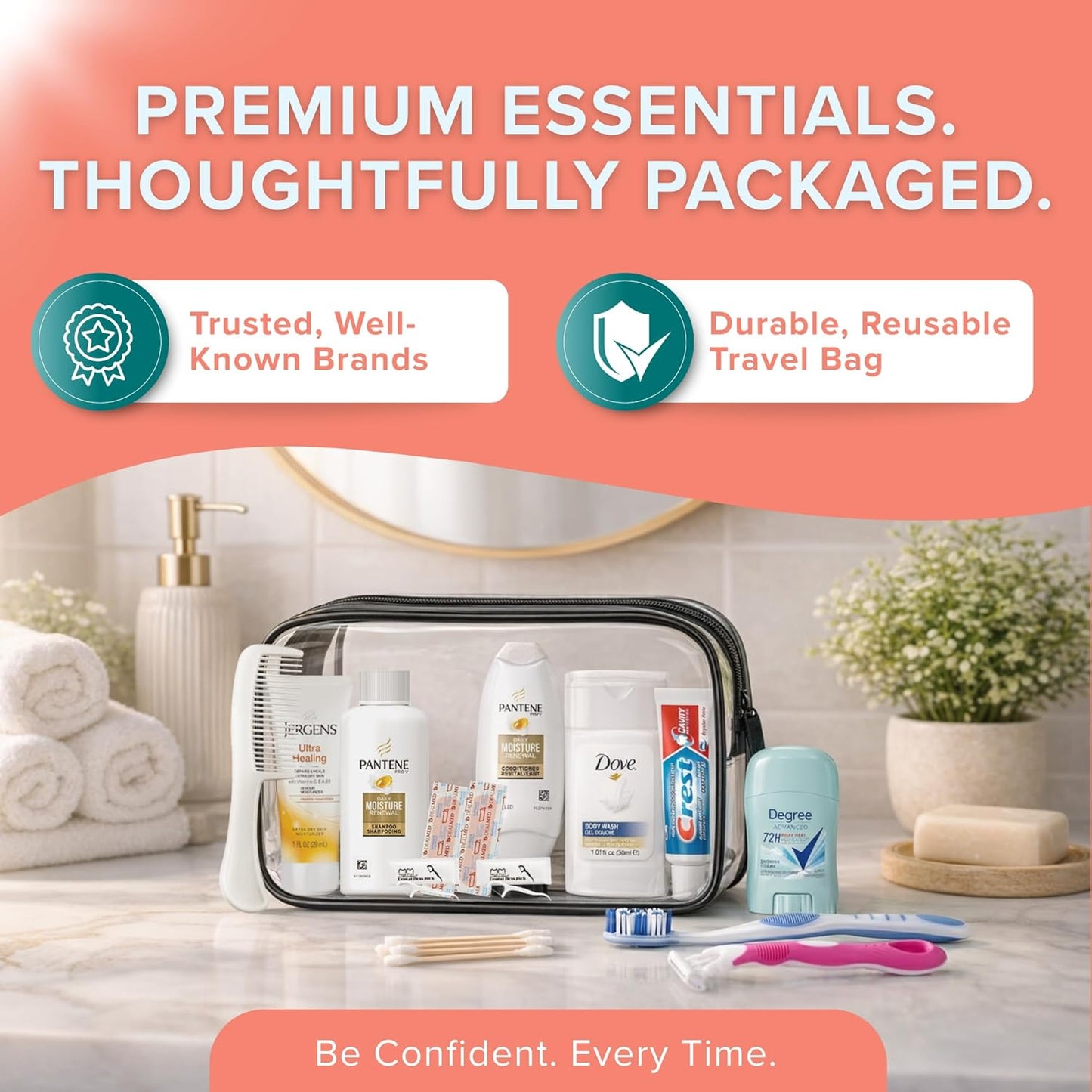 TrekTote Travel & Hygiene Kit - 15 Essential Items with Clear Toiletry Bag | Personal Care Set