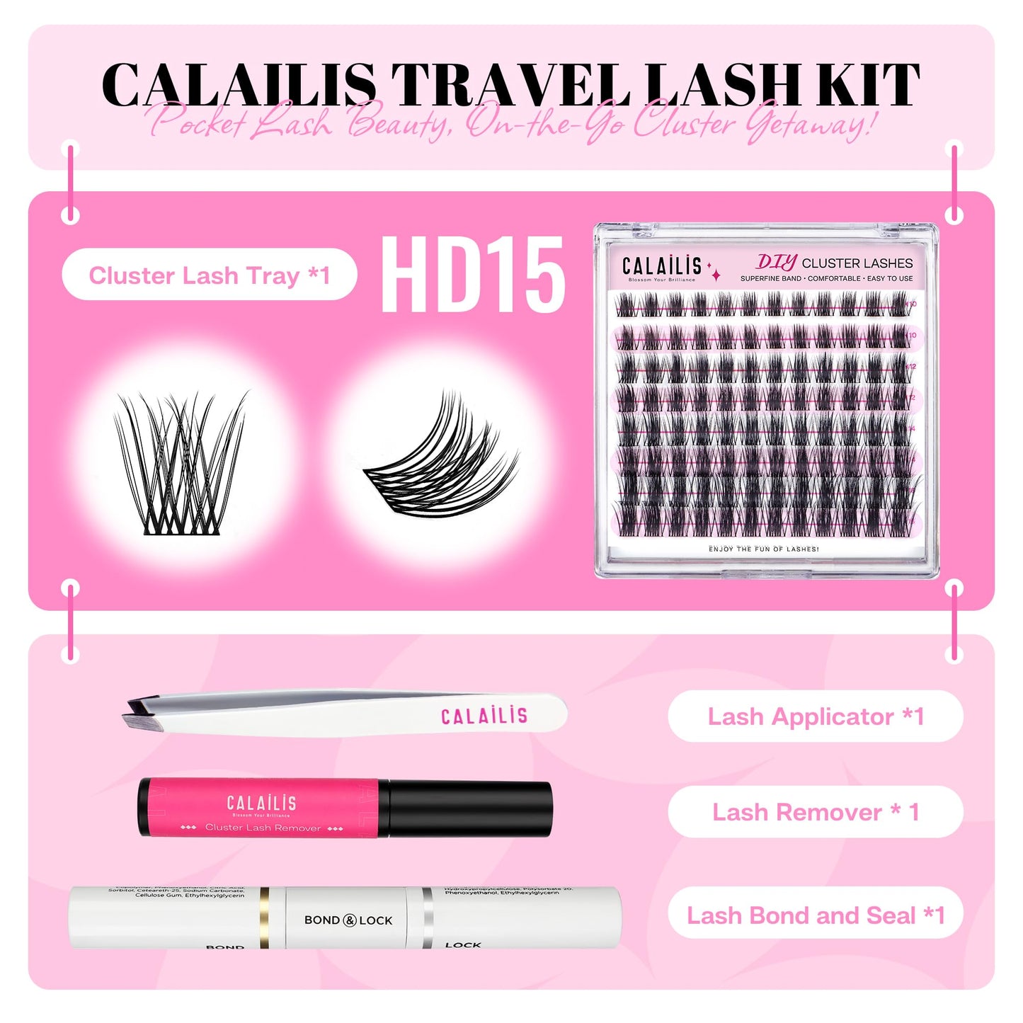 CALAILIS Lash Extension Kit for Travel, Eyelash Extension Kit with 88Pcs D Curl Lash Clusters, Lash Bond and Seal, Lash Remover and Lash Applicator Portable Lash Clusters Kit DIY at Anywhere (HD15Kit)