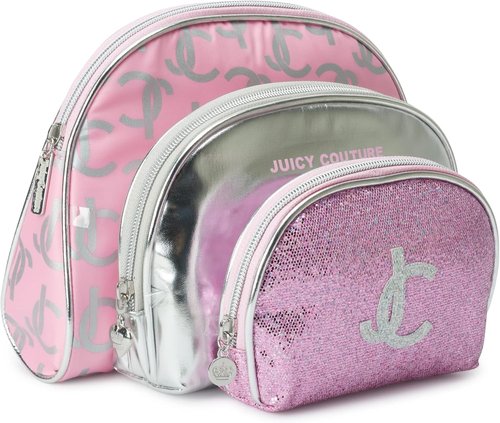 Juicy Couture Makeup Bag Set - Silver Pink Glitter Organizer for Travel Essentials | 3-Piece Clutch