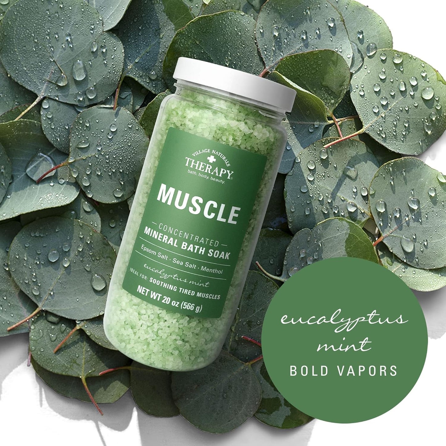 Village Naturals Therapy Muscle Mineral Bath Soak - Eucalyptus Mint Scent, 20 oz | Pack of 4